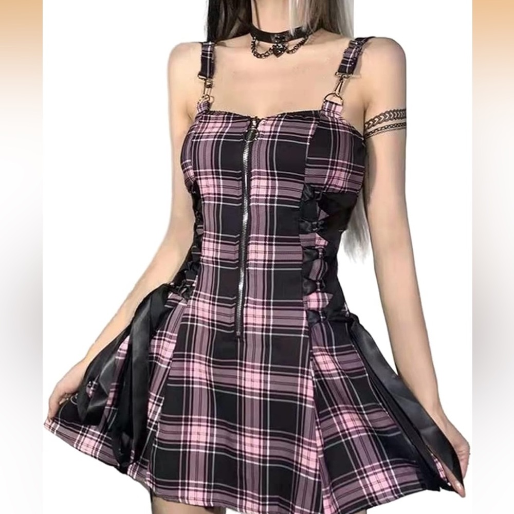 Black and Pink Plaid Lace-Up Mini Dress